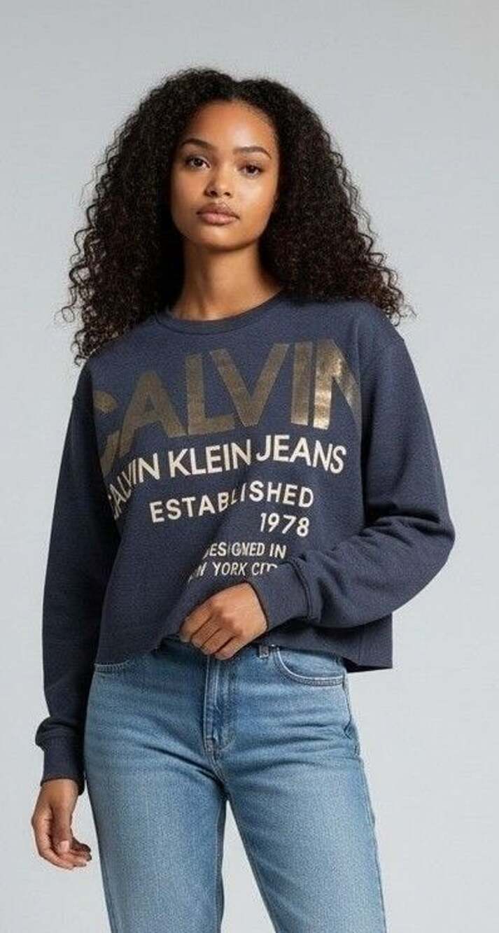 Calvin Klein Jeans Oversized Sweatshirt Size XS Blue Graphic Sequin